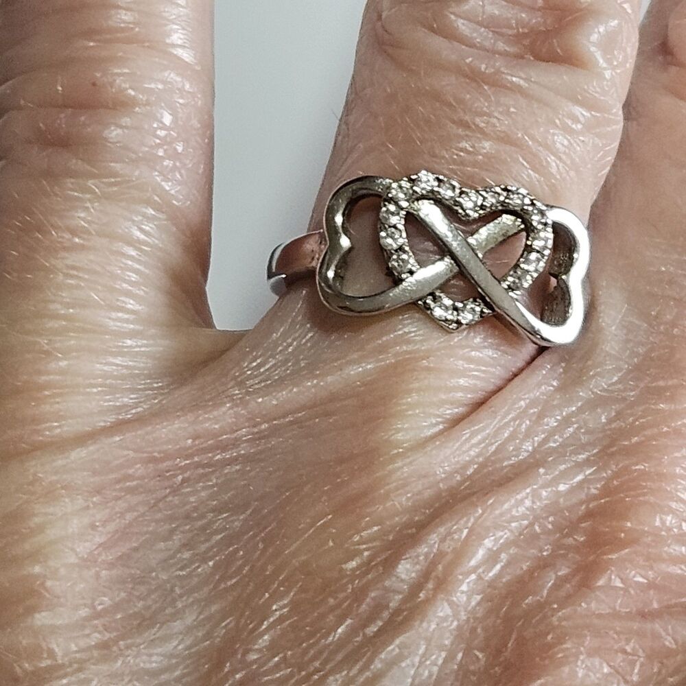 Vintage Bijoux Sterling Triple Hearts Infinity Knot CZ Ring Size 6 I Love You - Picture 5 of 12
